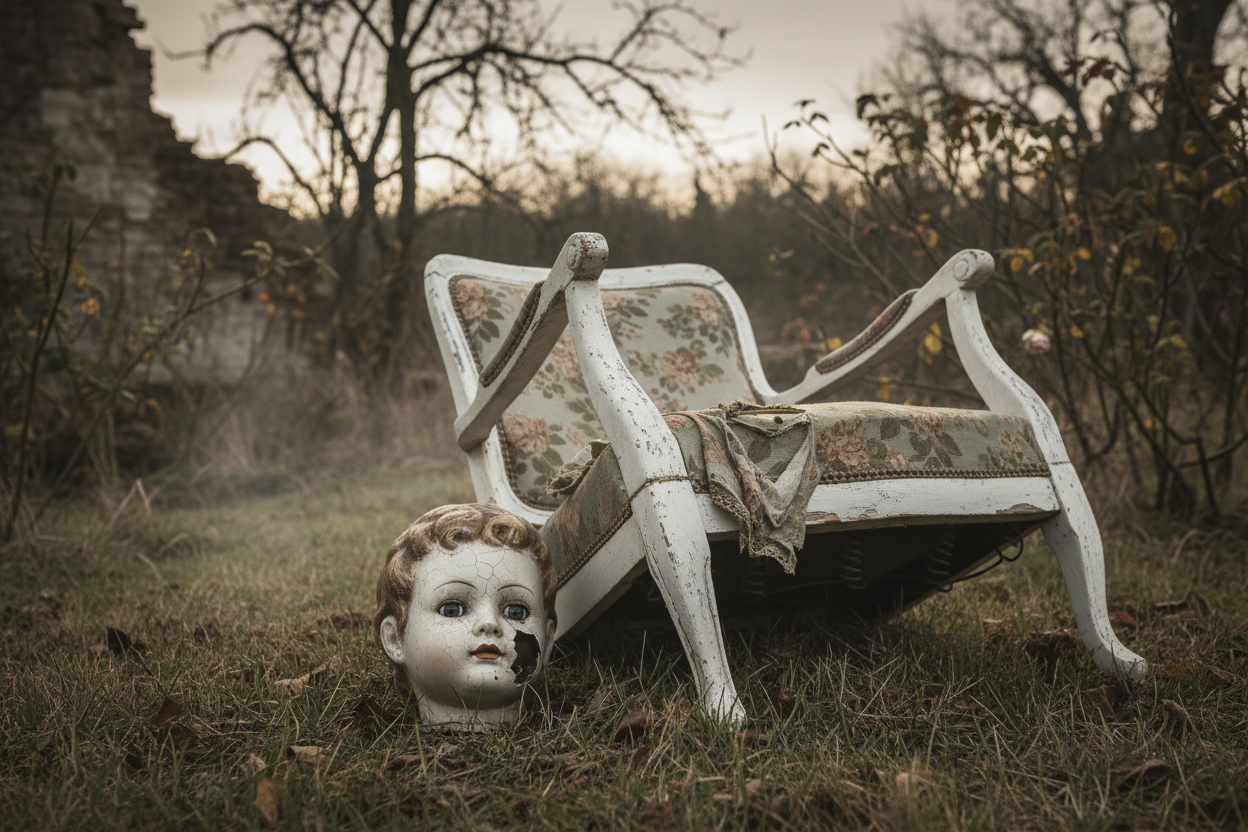 outdoor scene with porcelain doll head and old chair