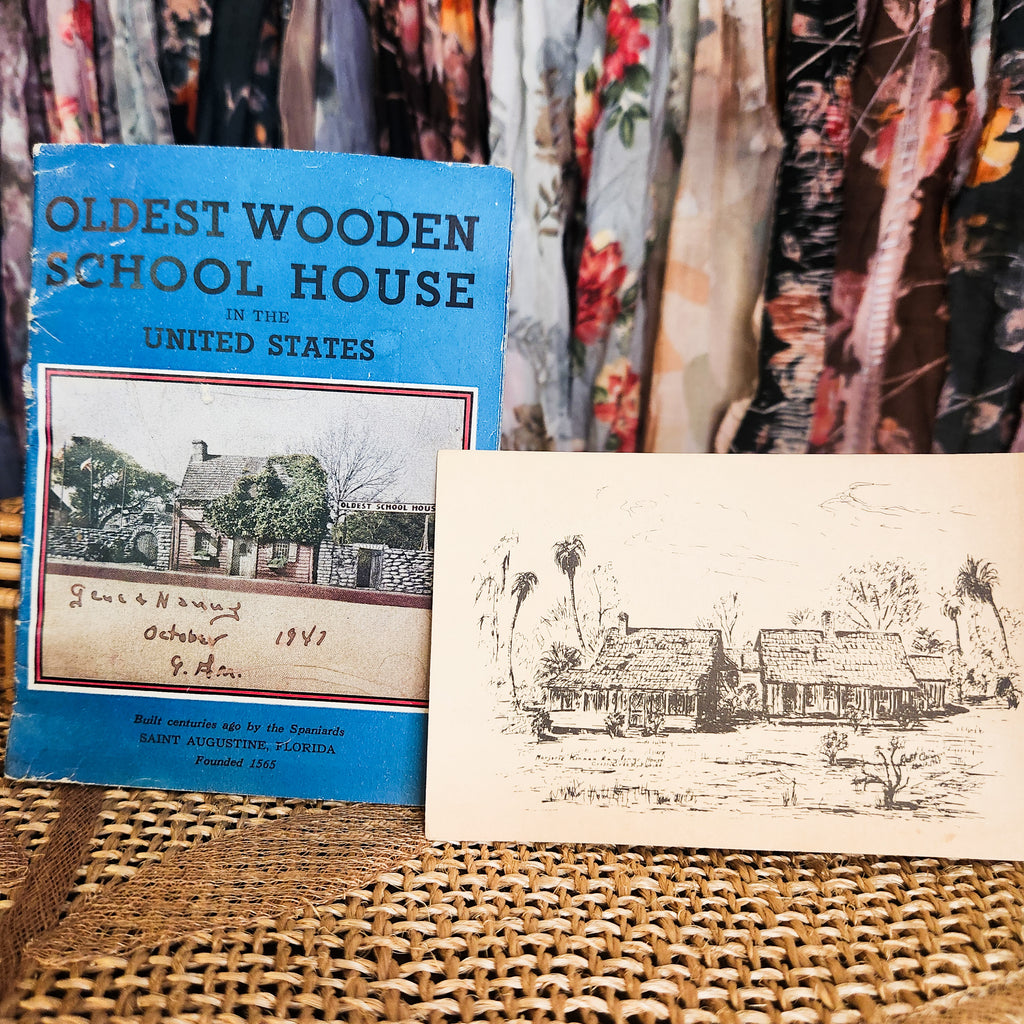 1947 St. Augustine Oldest Wooden School House Guide & 1980s Postcard