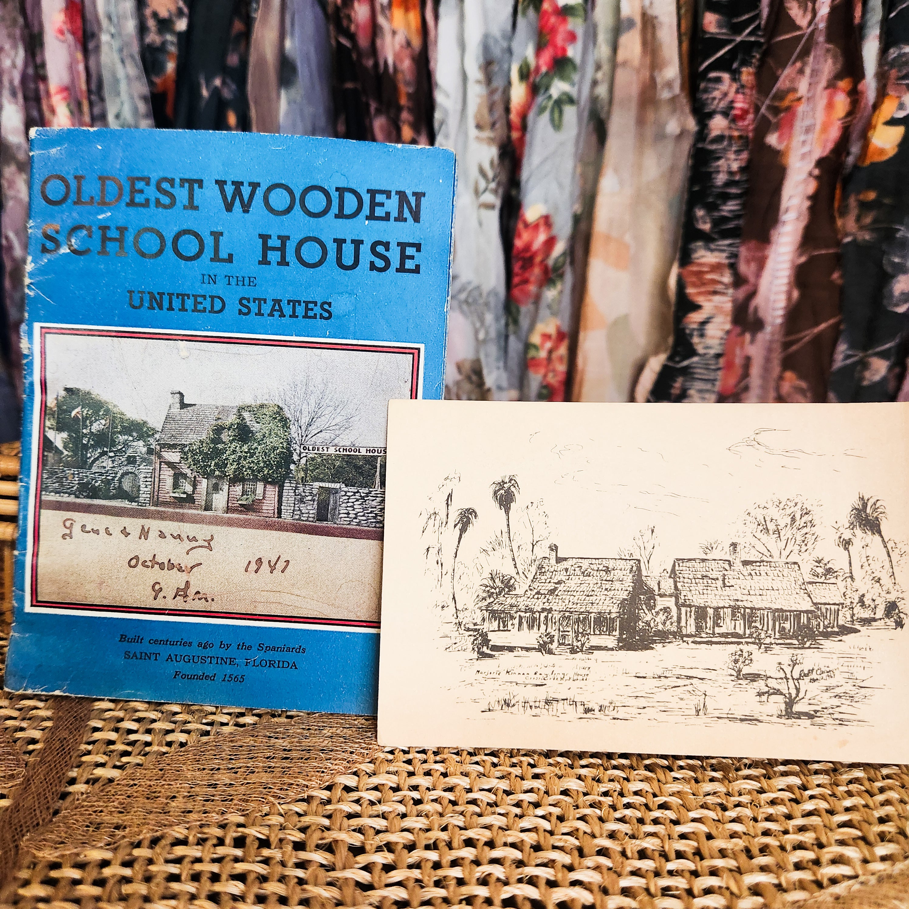 1947 St. Augustine Oldest Wooden School House Guide & 1980s Postcard
