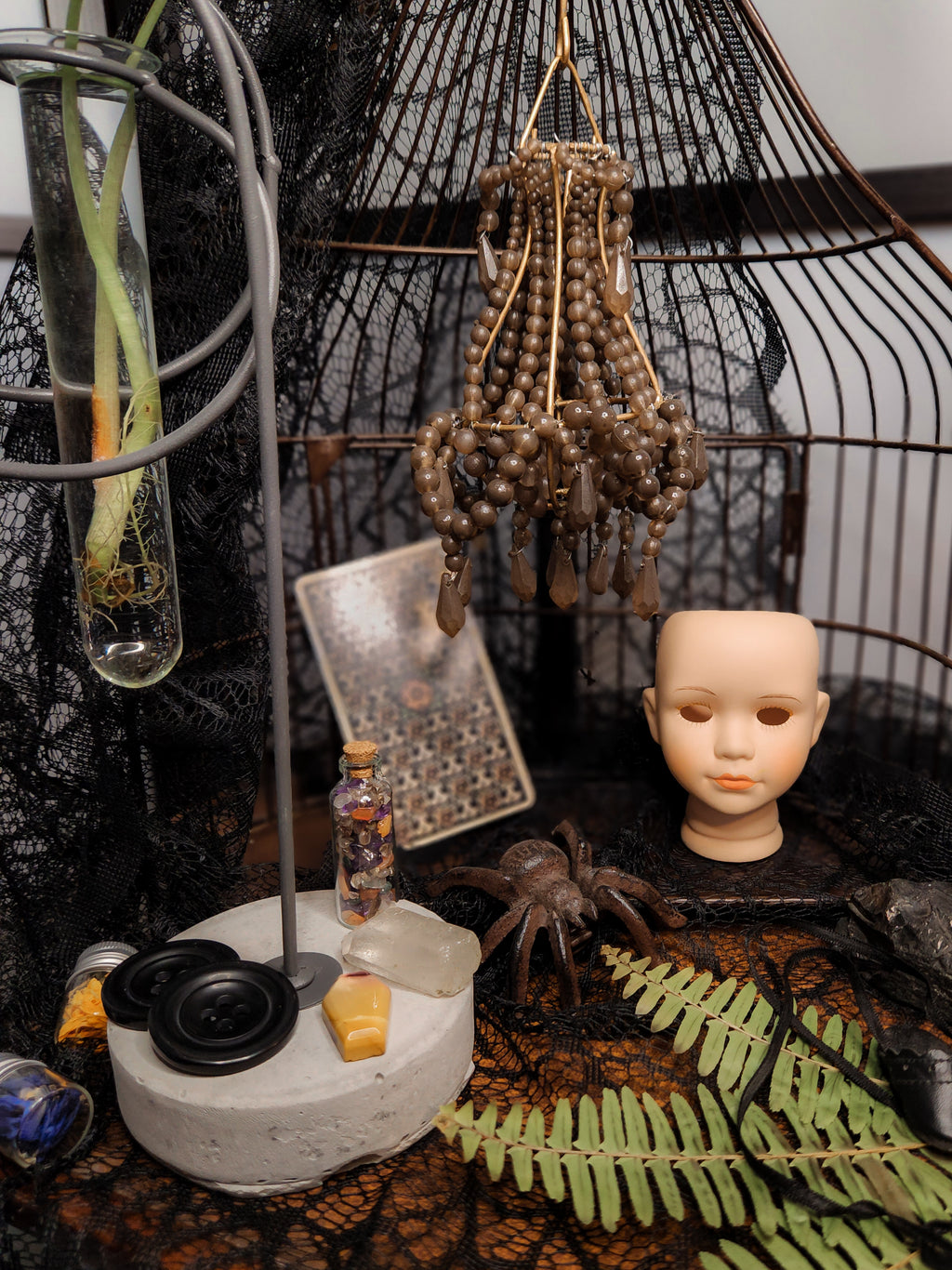 Center: Hand-beaded Taupe & Gold Chandelier Ornament